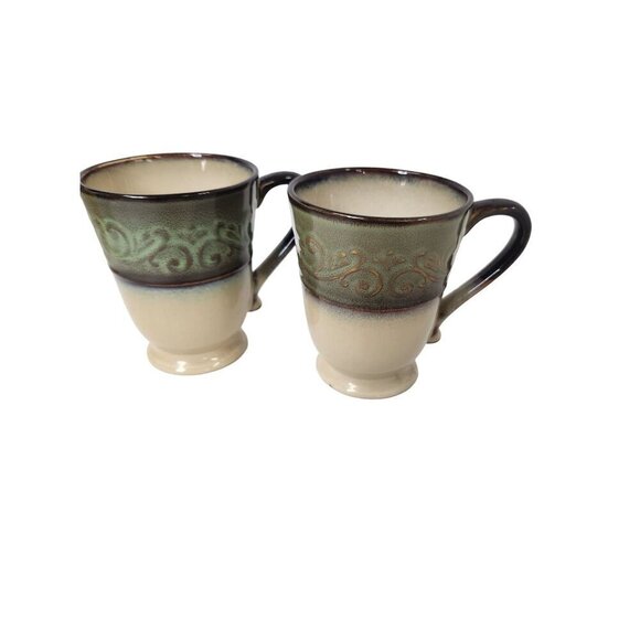 Set of 2 Pier 1 Imports Stoneware Mugs Green Beige 16 oz Microwave Dishwasher Sa - Picture 7 of 7